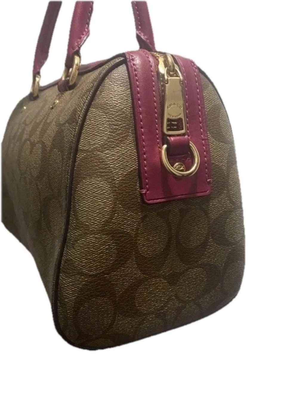 Coach Khaki & Dark Fuchsia Pink Rowan Signature Canvas Satchel Crossbody Handbag